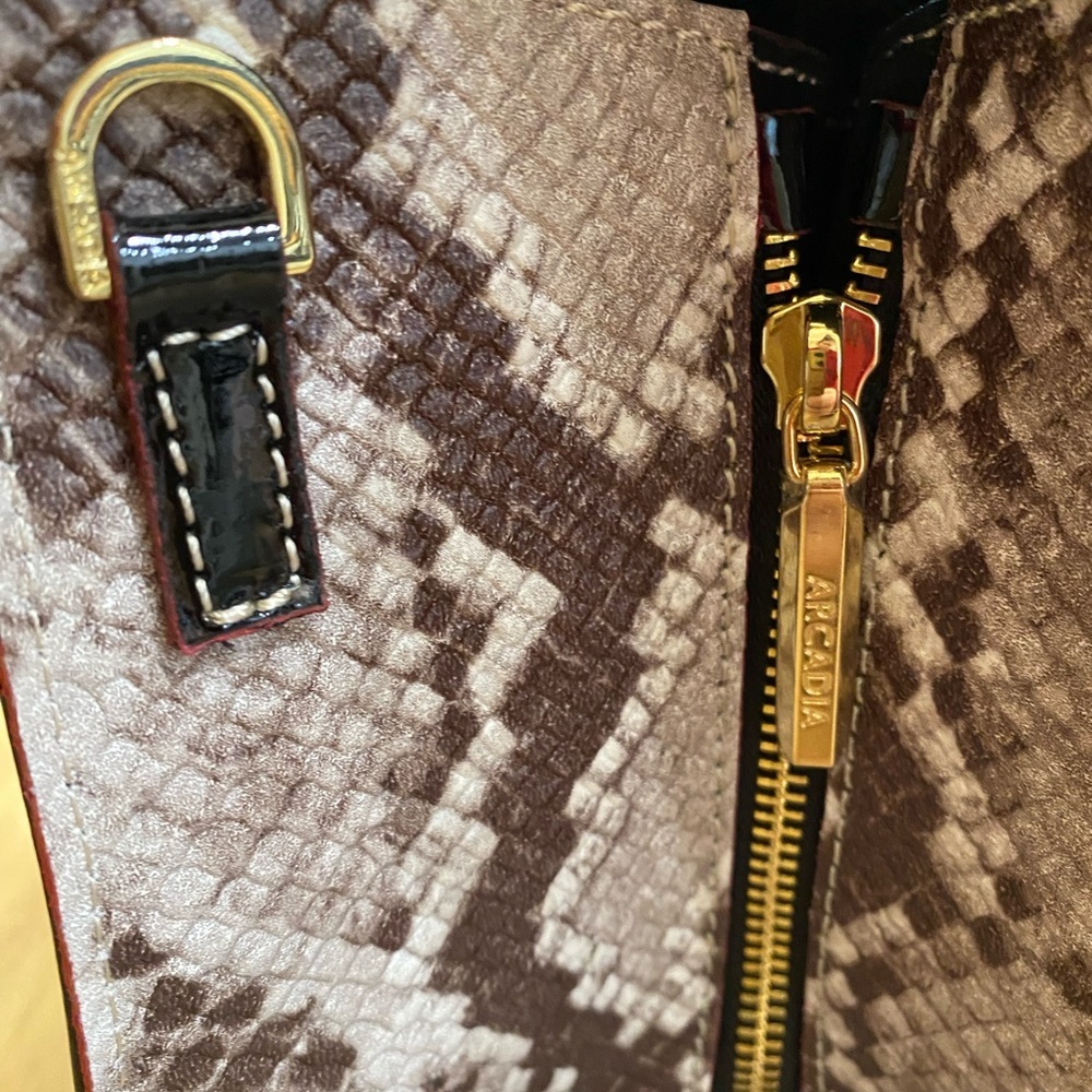 Arcadia Italian Satchel Embossed Patten Leather Black Red Python Accents - Picture 9 of 15